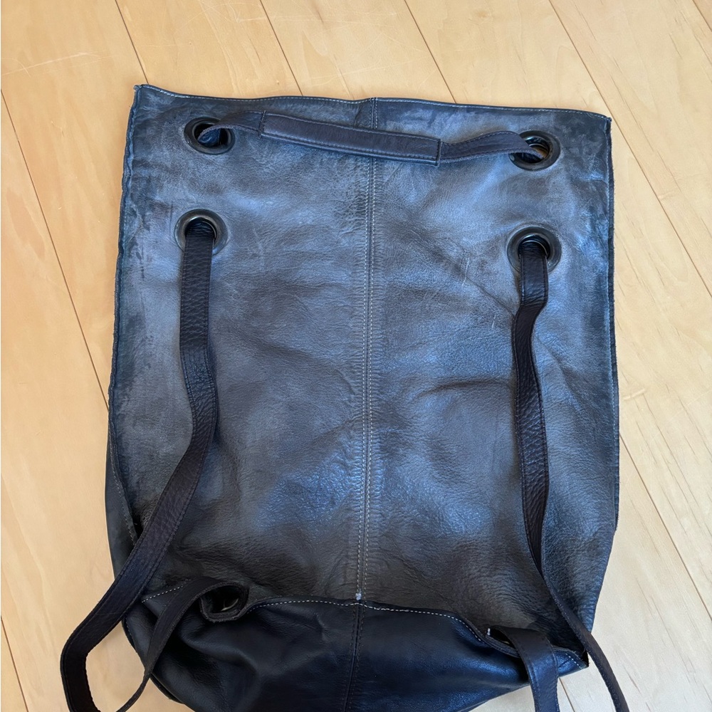 Dark Gray Italian Leather Backpack with Drawstring Closure